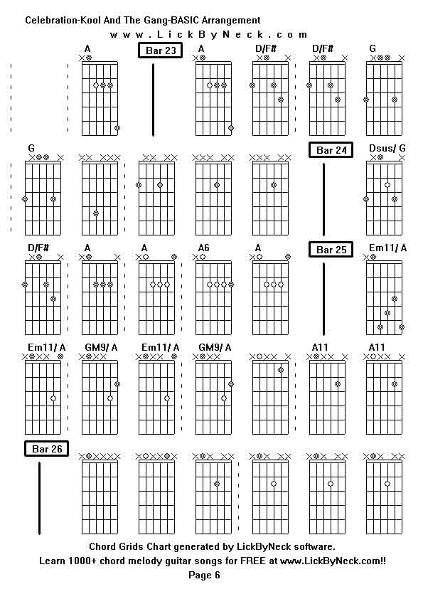 Chord Grids Chart of chord melody fingerstyle guitar song-Celebration-Kool And The Gang-BASIC Arrangement,generated by LickByNeck software.